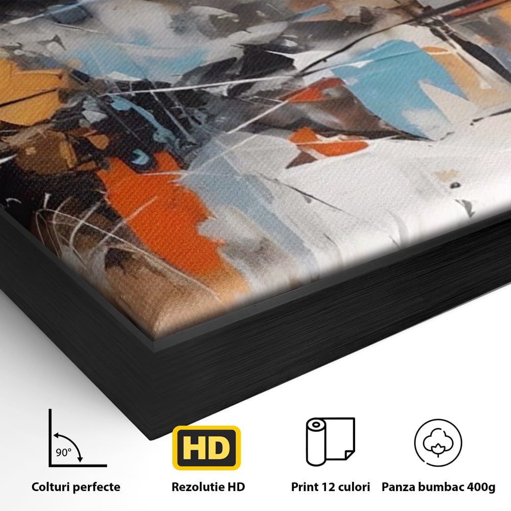 Detaliu al suprafetei: pictura abstracta cu pete portocalii, in rama de aluminiu negru