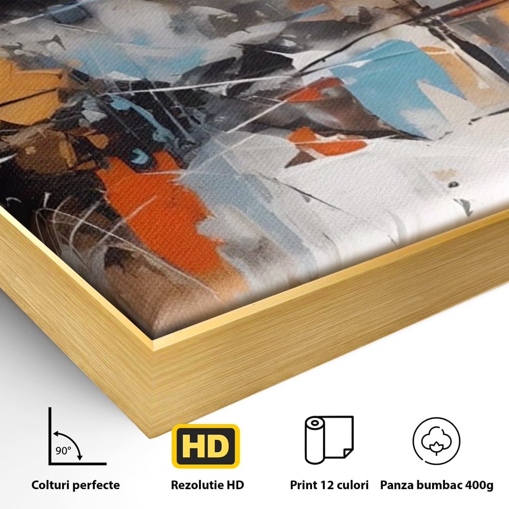 Detaliu al suprafetei: pictura abstracta cu pete portocalii, in rama de aluminiu auriu
