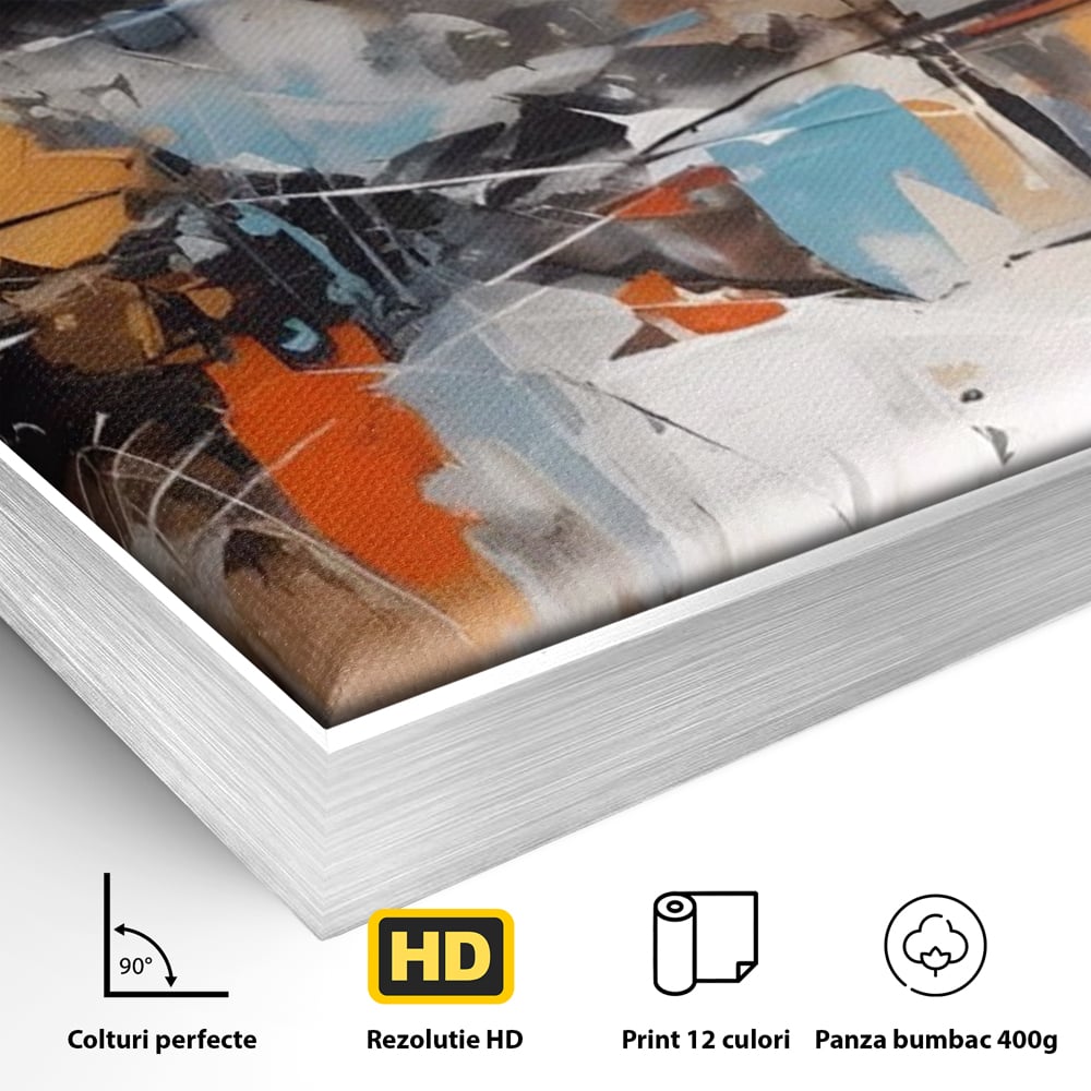 Detaliu al suprafetei: pictura abstracta cu pete portocalii, in rama de aluminiu argintiu