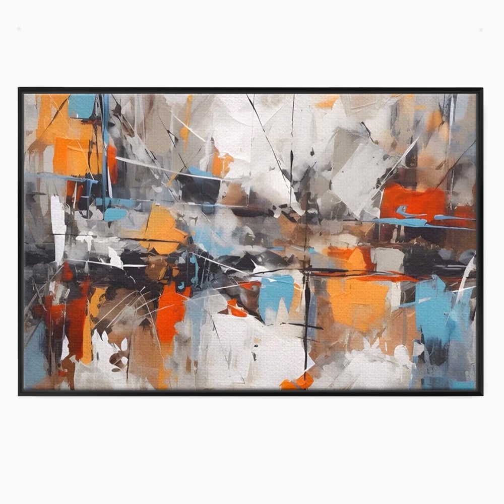 Tablou canvas cu pictura abstracta cu pete portocalii, in rama de aluminiu negru