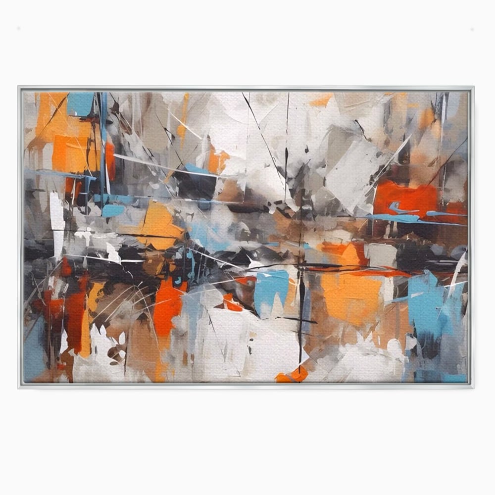 Tablou canvas cu pictura abstracta cu pete portocalii, in rama de aluminiu argintiu