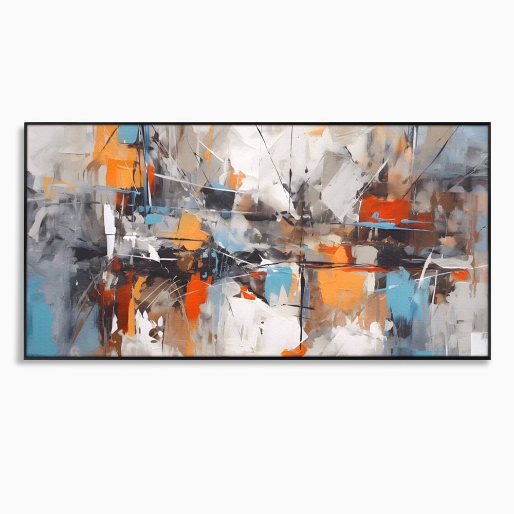 Tablou canvas cu pictura abstracta cu pete portocalii, in rama de aluminiu negru
