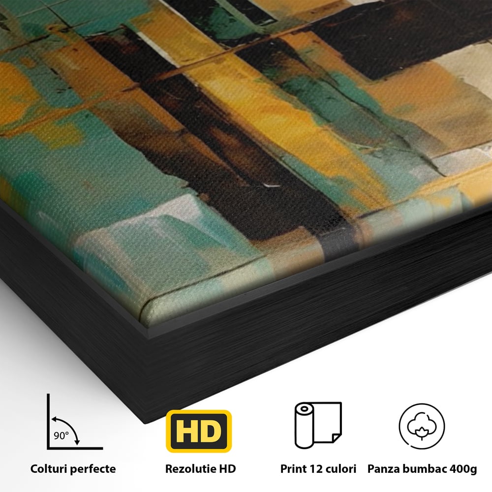 Detaliu al suprafetei: pictura abstracta cu linii si portocaliu, in rama de aluminiu negru