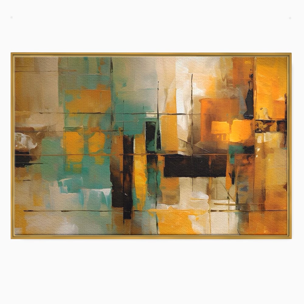 Tablou canvas cu pictura abstracta cu linii si portocaliu, in rama de aluminiu auriu