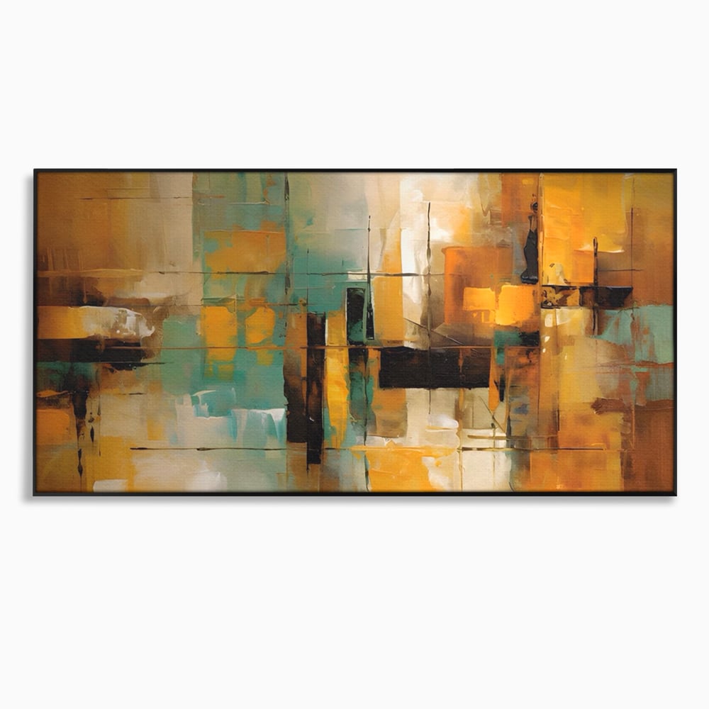 Tablou canvas cu pictura abstracta cu linii si portocaliu, in rama de aluminiu negru