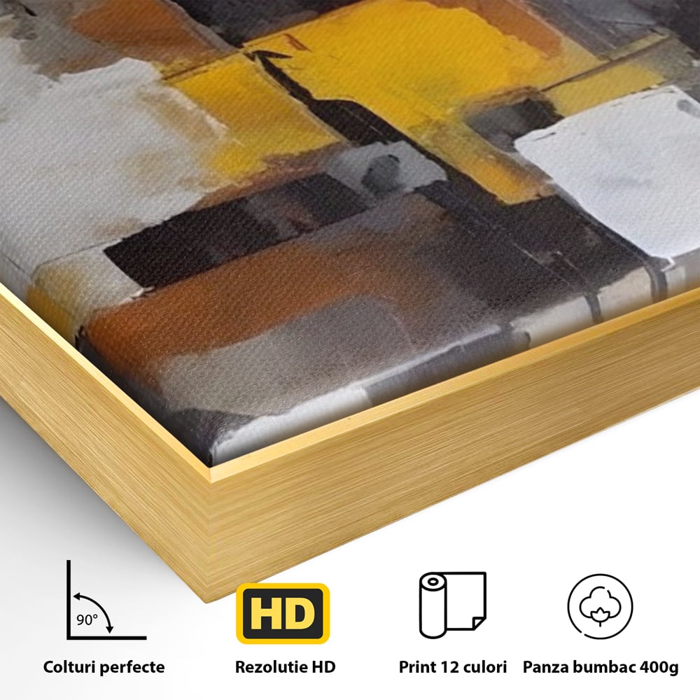Detaliu al suprafetei: tablou canvas cu patrate abstracte, in rama de aluminiu auriu