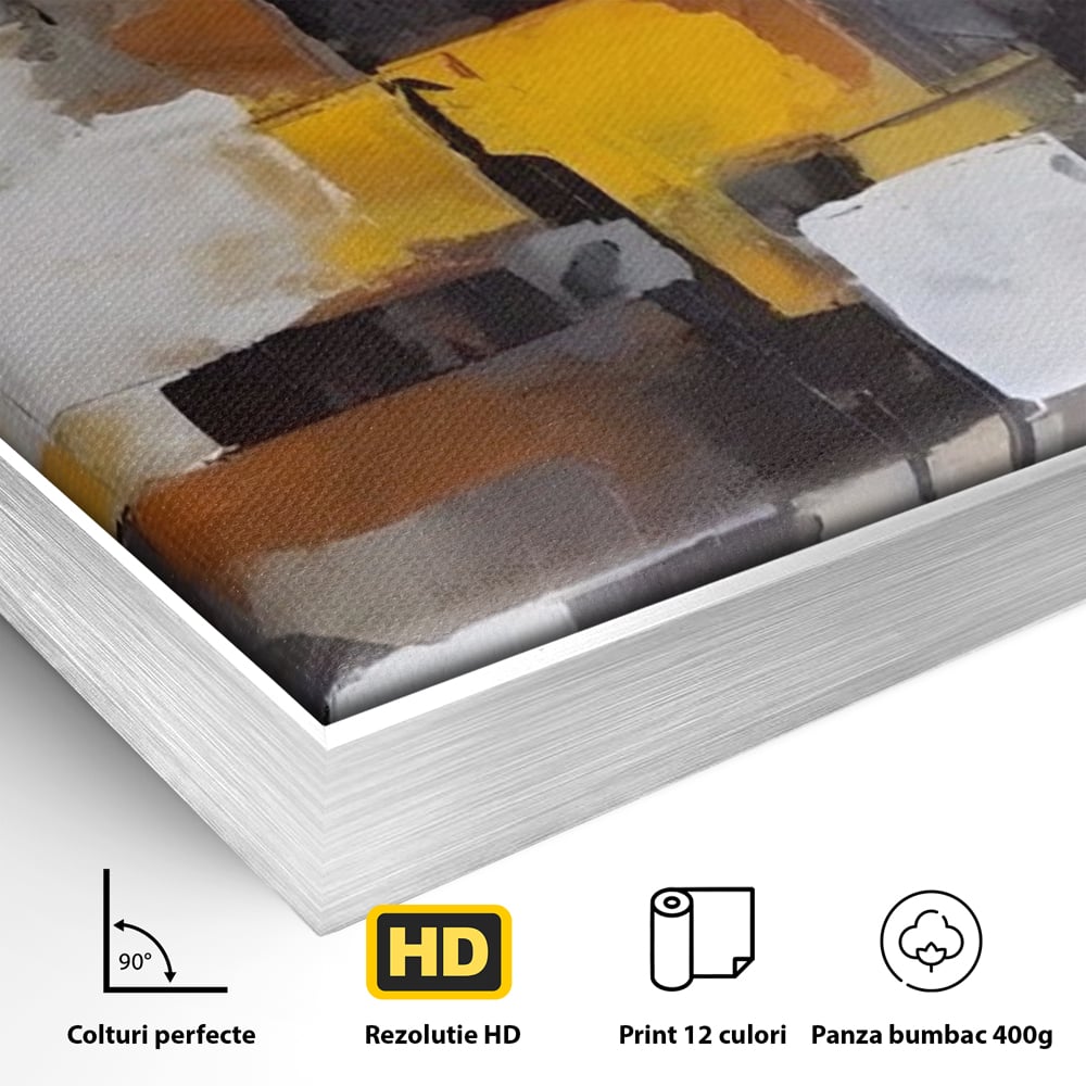 Detaliu al suprafetei: tablou canvas cu patrate abstracte, in rama de aluminiu argintiu