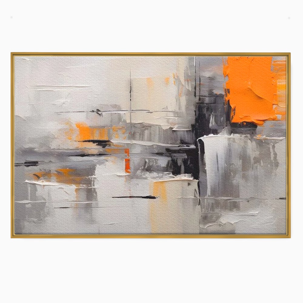 Tablou canvas cu pictura abstracta gri cu pata portocalie, in rama de aluminiu auriu