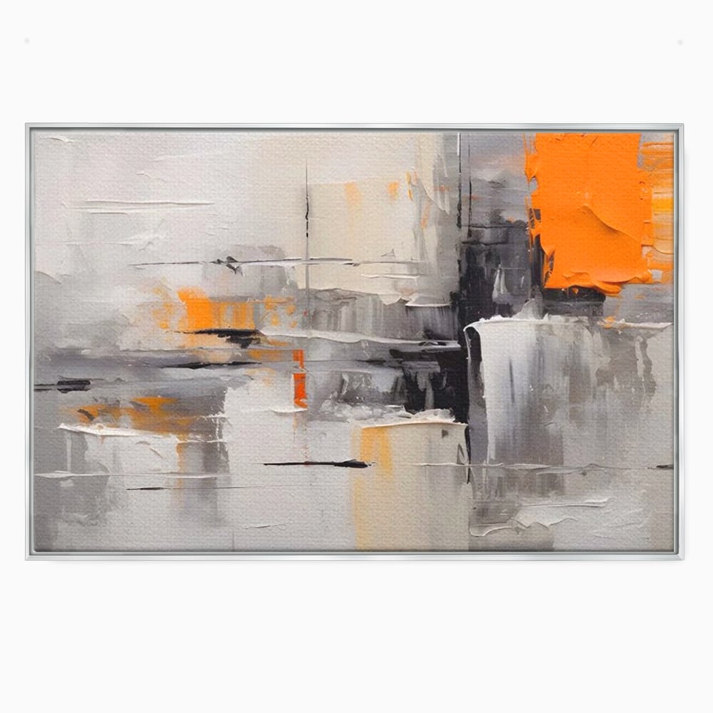 Tablou canvas cu pictura abstracta gri cu pata portocalie, in rama de aluminiu argintiu
