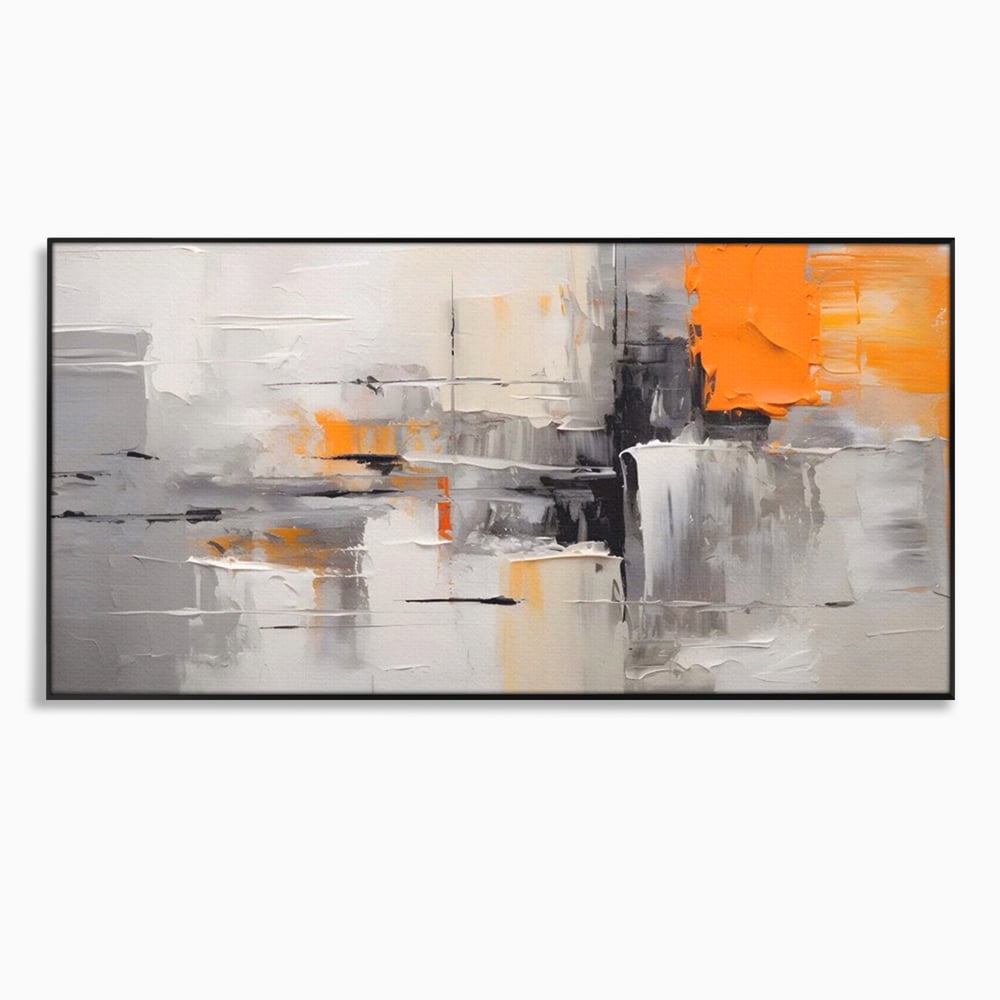 Tablou canvas cu pictura abstracta gri cu pata portocalie, in rama de aluminiu negru