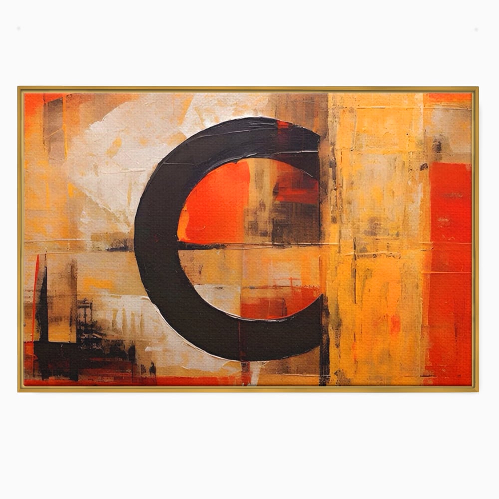 Tablou canvas cu pictura abstracta cu cerc negru, in rama de aluminiu auriu