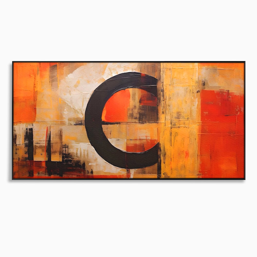 Tablou canvas cu pictura abstracta cu cerc negru, in rama de aluminiu negru