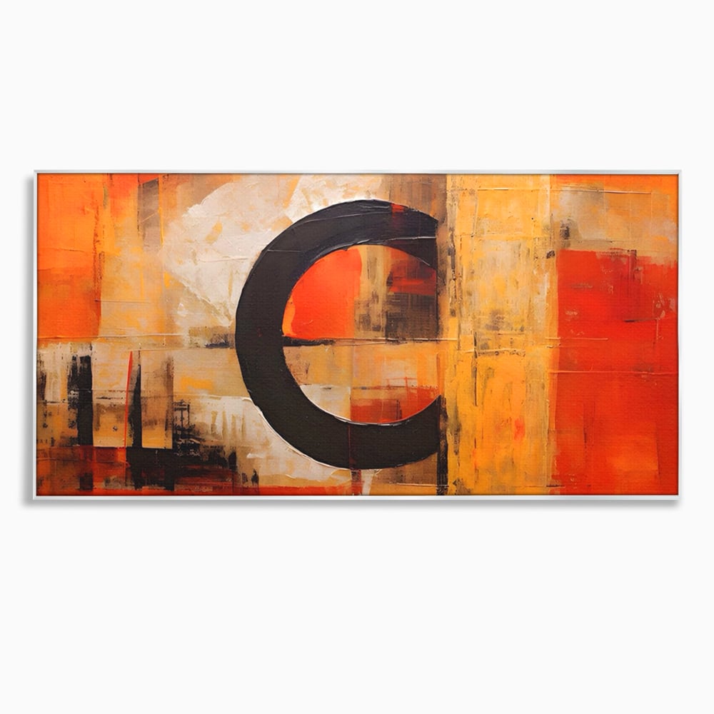 Tablou canvas cu pictura abstracta cu cerc negru, in rama de aluminiu argintiu