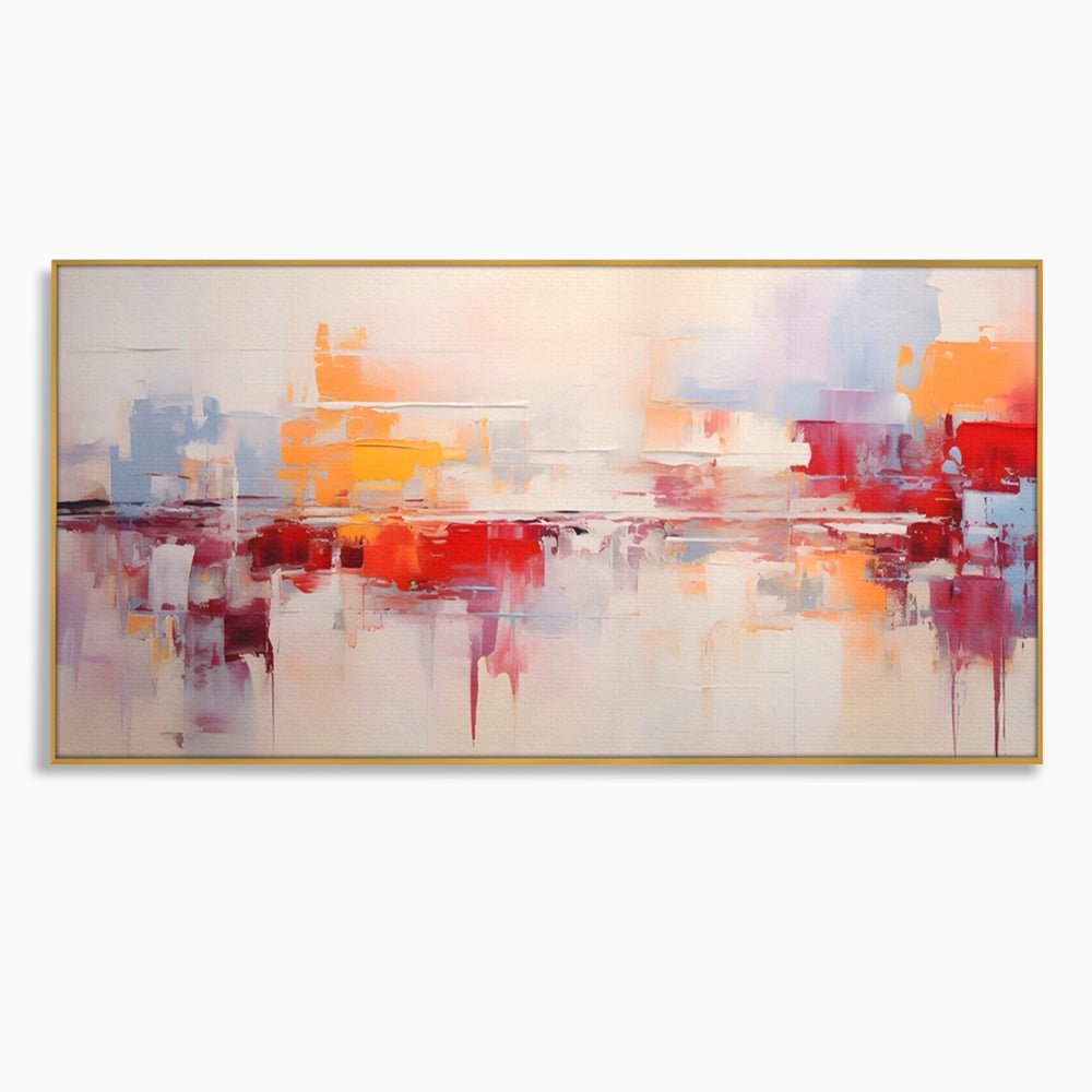 Tablou canvas cu pictura abstracta cu reflexii colorate, in rama de aluminiu auriu