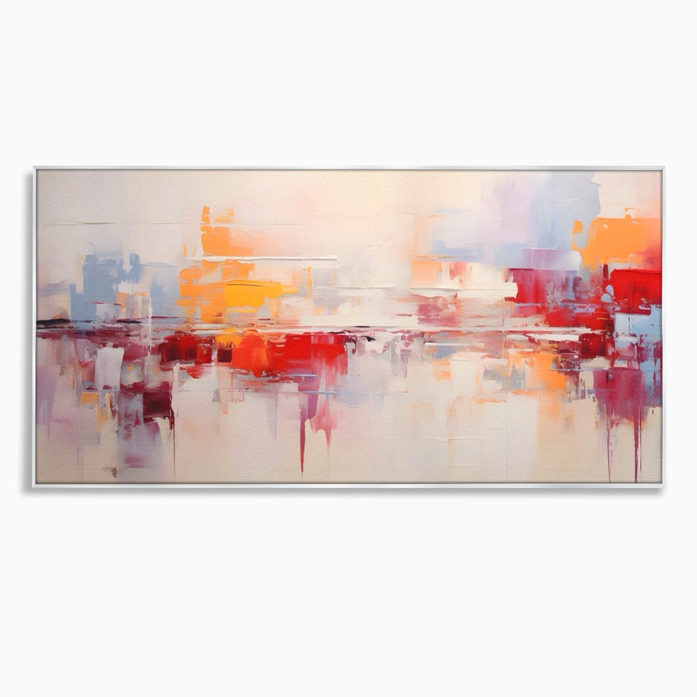 Tablou canvas cu pictura abstracta cu reflexii colorate, in rama de aluminiu argintiu
