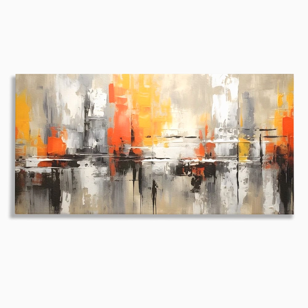 Tablou canvas cu pictura abstracta cu turnuri portocalii, fara rama, pe sasiu de lemn