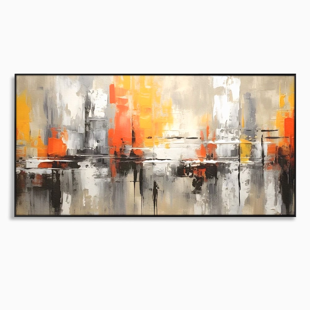 Tablou canvas cu pictura abstracta cu turnuri portocalii, in rama de aluminiu negru