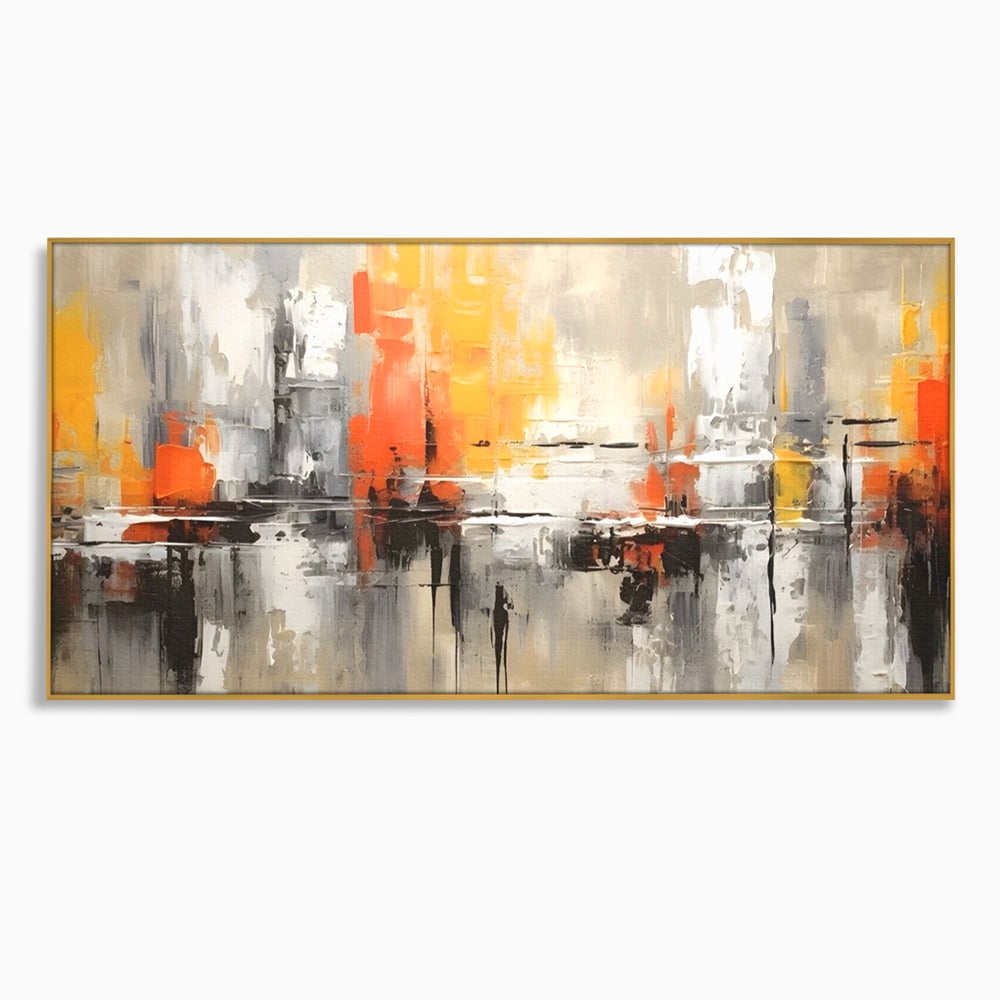 Tablou canvas cu pictura abstracta cu turnuri portocalii, in rama de aluminiu auriu