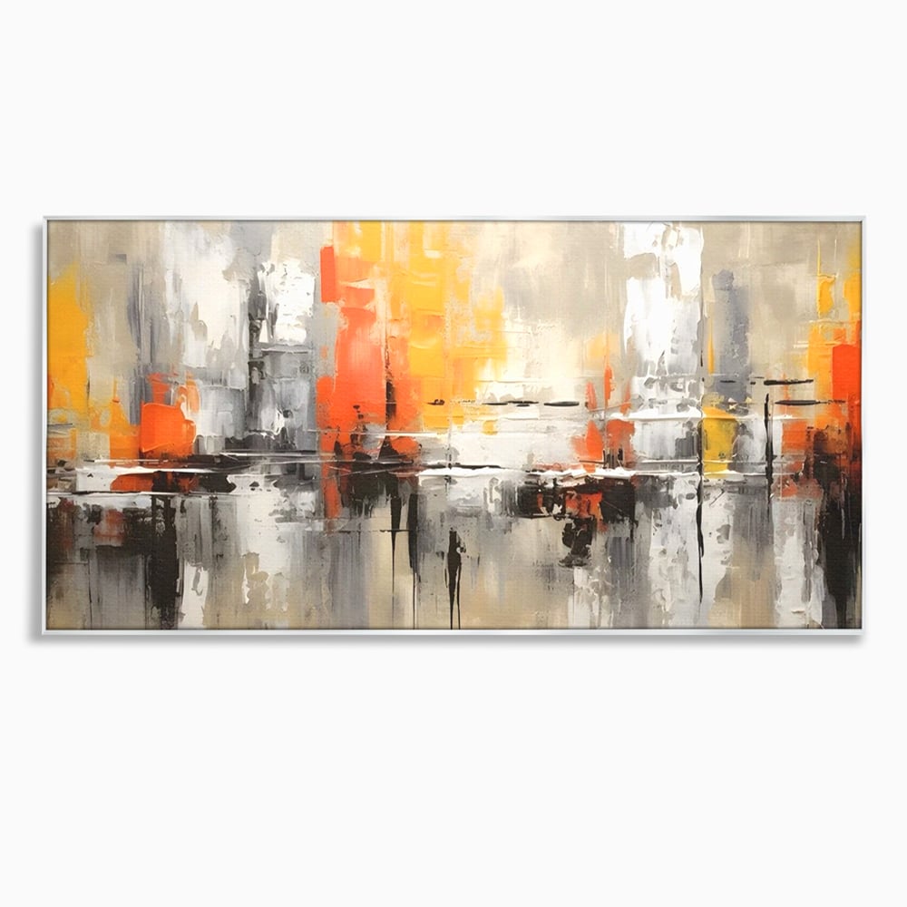 Tablou canvas cu pictura abstracta cu turnuri portocalii, in rama de aluminiu argintiu