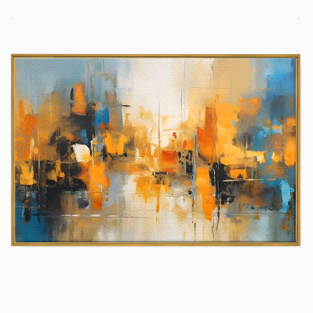 Tablou canvas cu pictura abstracta cu reflexii in apa, in rama de aluminiu auriu
