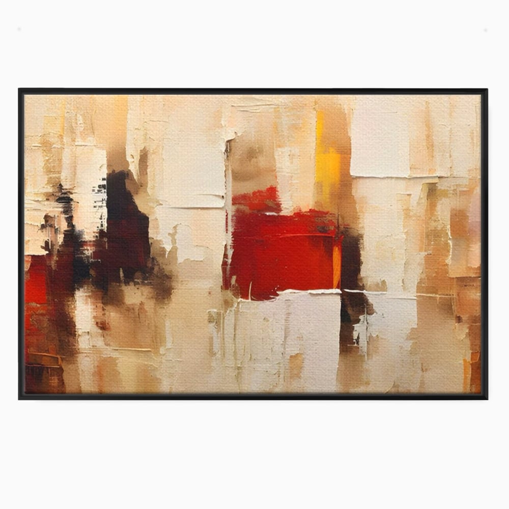 Tablou canvas cu pictura abstracta cu pete de rosu si bej, in rama de aluminiu negru