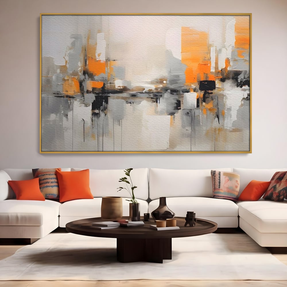 Tablou canvas cu pictura abstracta cu reflexii urbane, in rama de aluminiu auriu, pe perete intr-un living
