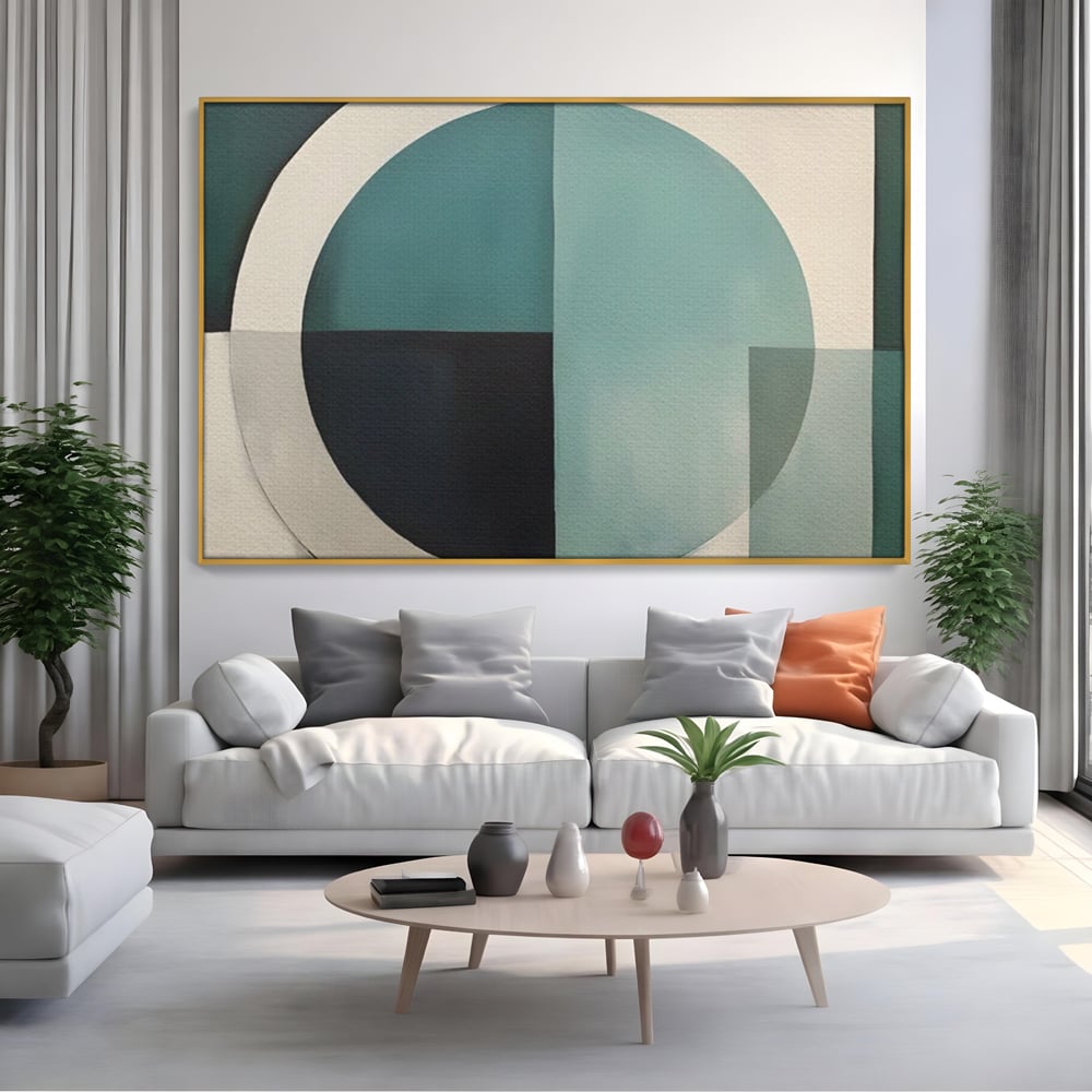 Tablou canvas cu tablou canvas cu forme geometrice, in rama de aluminiu auriu, pe perete intr-un living