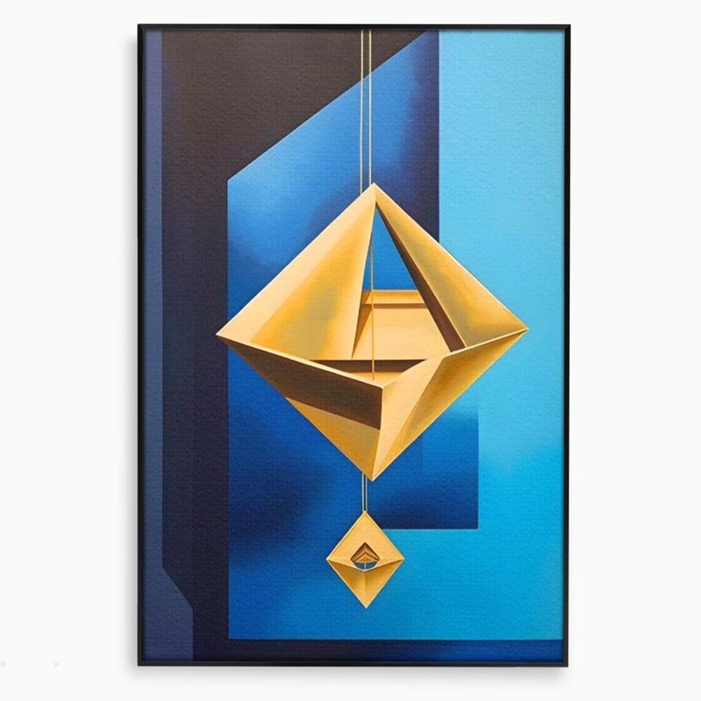 Tablou canvas cu tablou canvas cu amuleta geometrica auriu si albastru, in rama de aluminiu negru