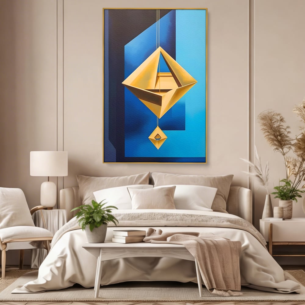 Tablou canvas cu tablou canvas cu amuleta geometrica auriu si albastru, in rama de aluminiu auriu, pe perete intr-un dormitor