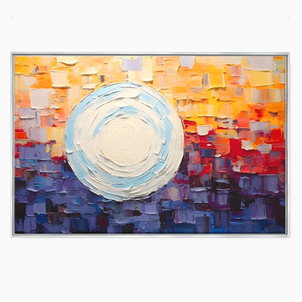 Tablou canvas cu tablou pictat cu sfera alba centrala, in rama de aluminiu argintiu
