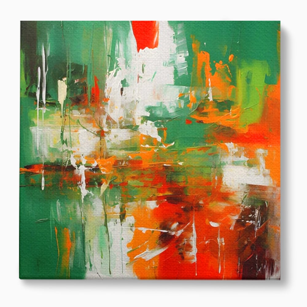 Tablou canvas cu pictura abstracta cu verde si portocaliu, fara rama, pe sasiu de lemn