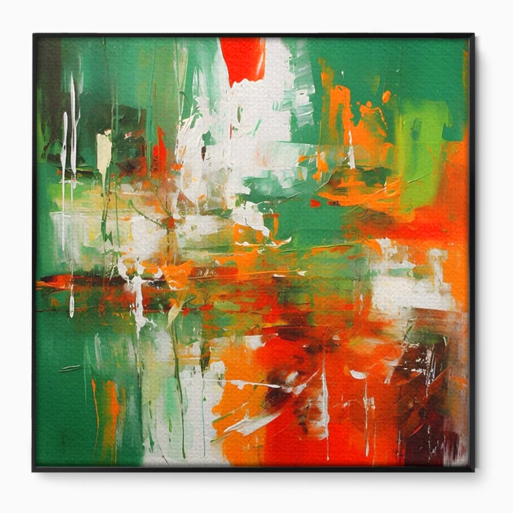 Tablou canvas cu pictura abstracta cu verde si portocaliu, in rama de aluminiu negru