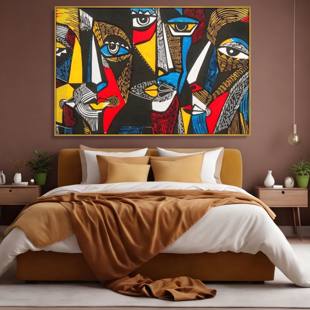 Tablou canvas cu tablou abstract cu fete colorate, in rama de aluminiu auriu, pe perete intr-un dormitor