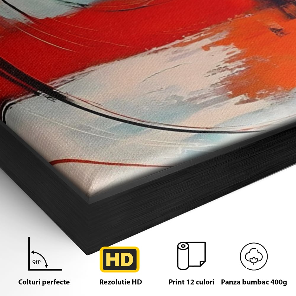 Detaliu al suprafetei: pictura abstracta cu cercuri concentrice, in rama de aluminiu negru