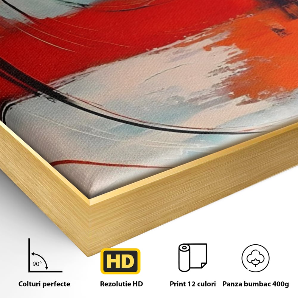 Detaliu al suprafetei: pictura abstracta cu cercuri concentrice, in rama de aluminiu auriu