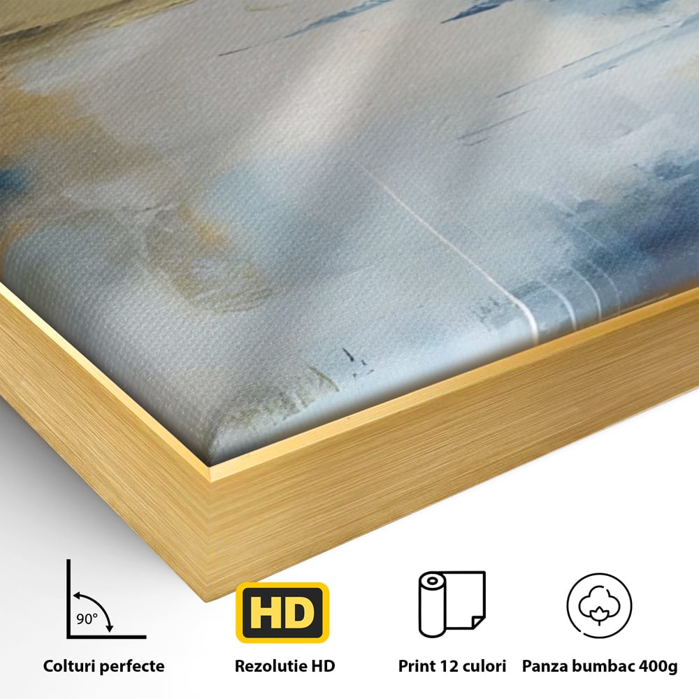 Detaliu al suprafetei: pictura abstracta cu peisaj si cer, in rama de aluminiu auriu