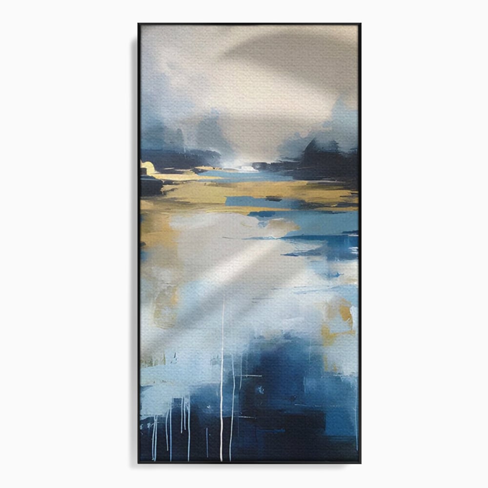 Tablou canvas cu pictura abstracta cu peisaj si cer, in rama de aluminiu negru