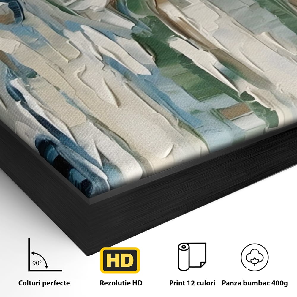 Detaliu al suprafetei: tablou canvas cu fete abstracte, in rama de aluminiu negru