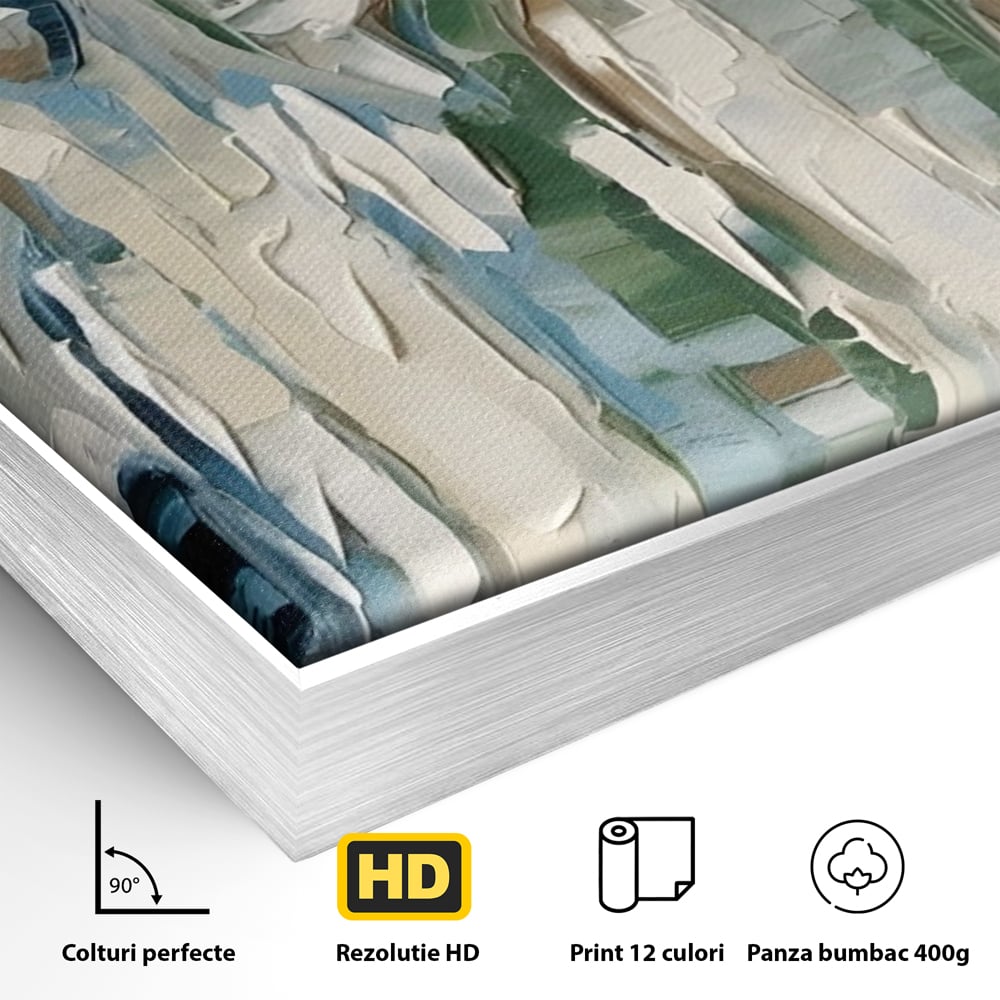 Detaliu al suprafetei: tablou canvas cu fete abstracte, in rama de aluminiu argintiu