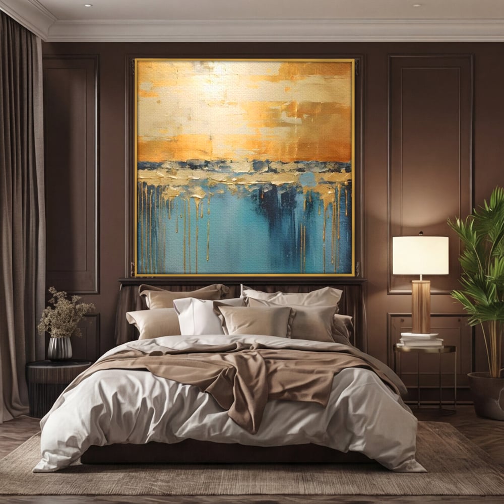 Tablou canvas cu pictura abstracta cu texturi aurite, in rama de aluminiu auriu, pe perete intr-un dormitor
