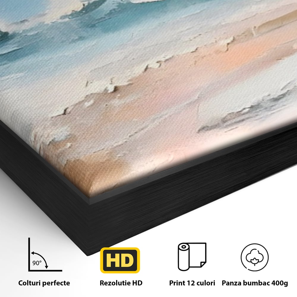 Detaliu al suprafetei: tablou pictat cu peisaj marin abstract, in rama de aluminiu negru