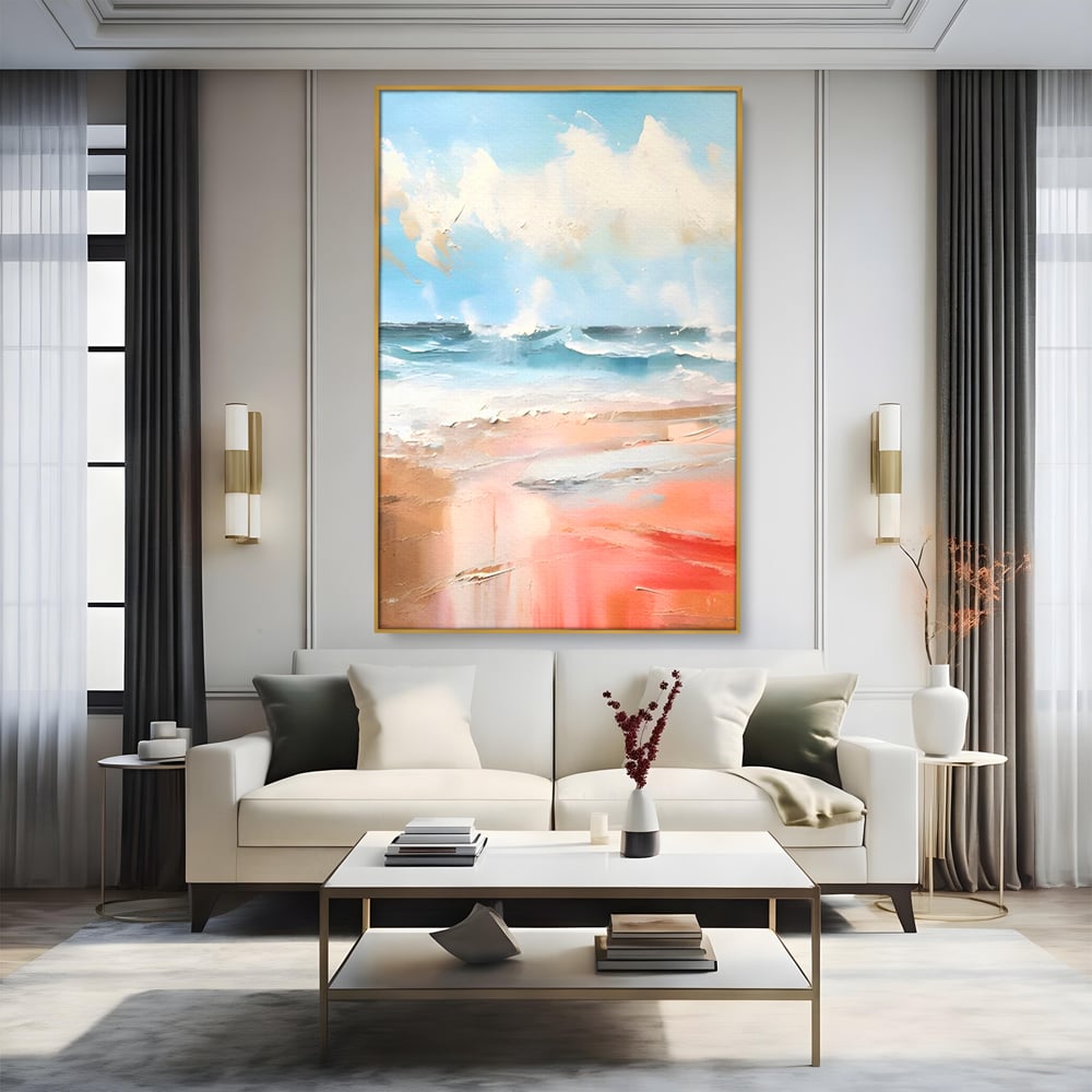 Tablou canvas cu tablou pictat cu peisaj marin abstract, in rama de aluminiu auriu, pe perete intr-un living