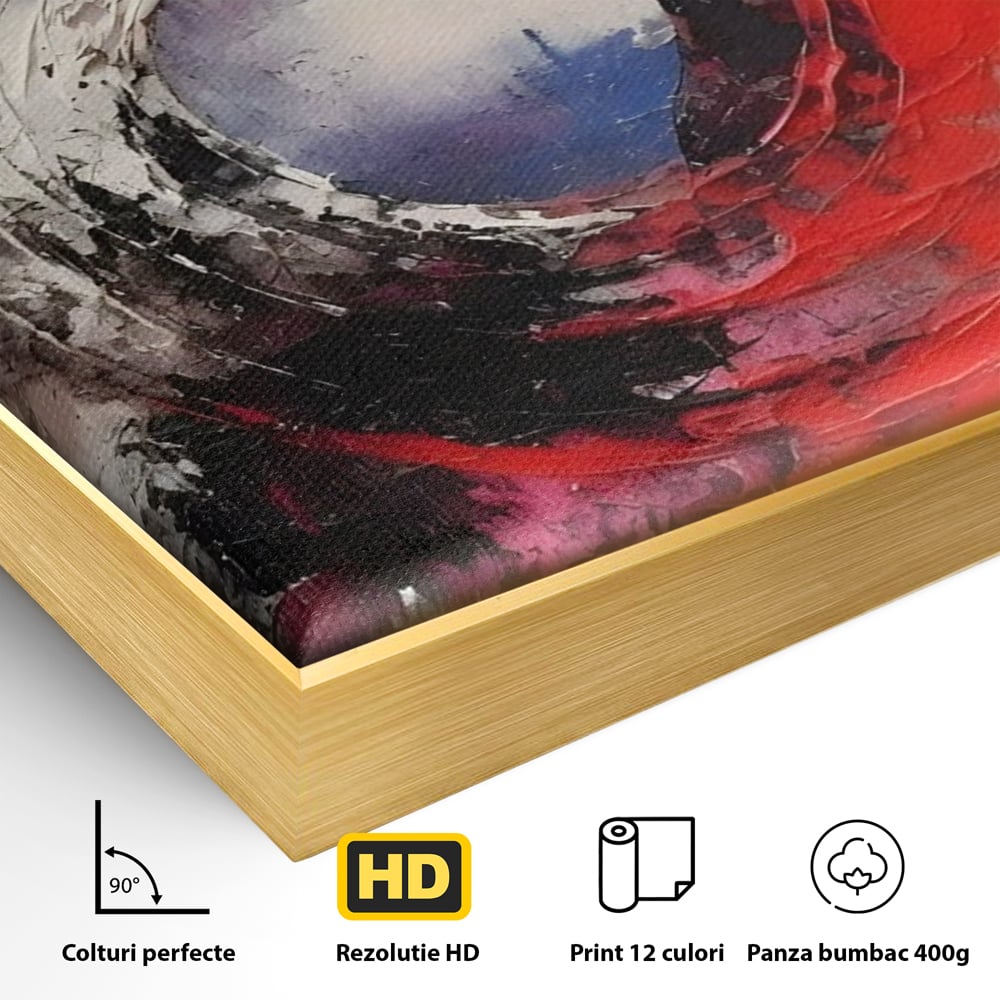 Detaliu al suprafetei: pictura abstracta cu vortex rosu si alb, in rama de aluminiu auriu