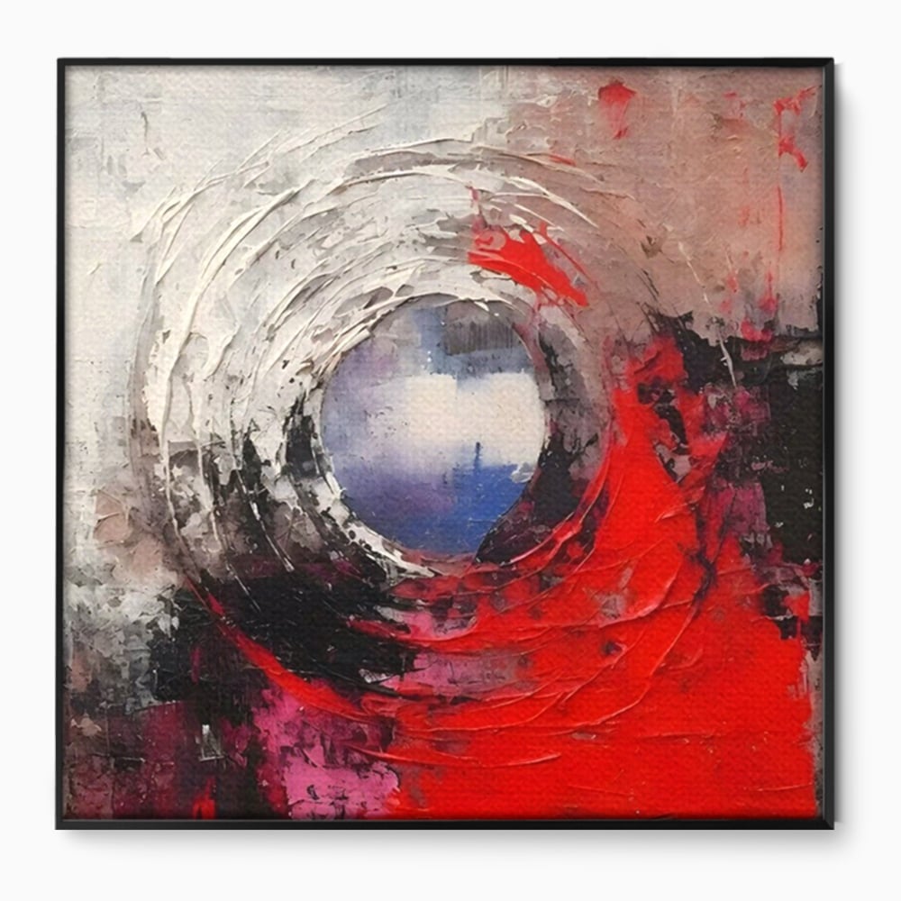 Tablou canvas cu pictura abstracta cu vortex rosu si alb, in rama de aluminiu negru
