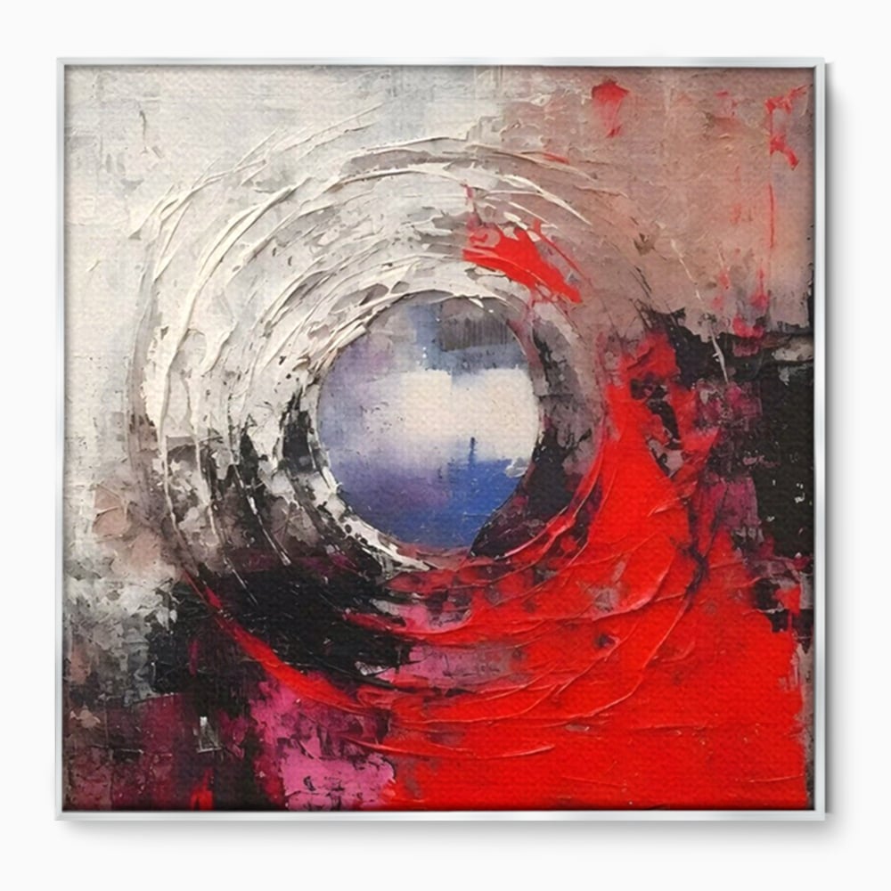 Tablou canvas cu pictura abstracta cu vortex rosu si alb, in rama de aluminiu argintiu