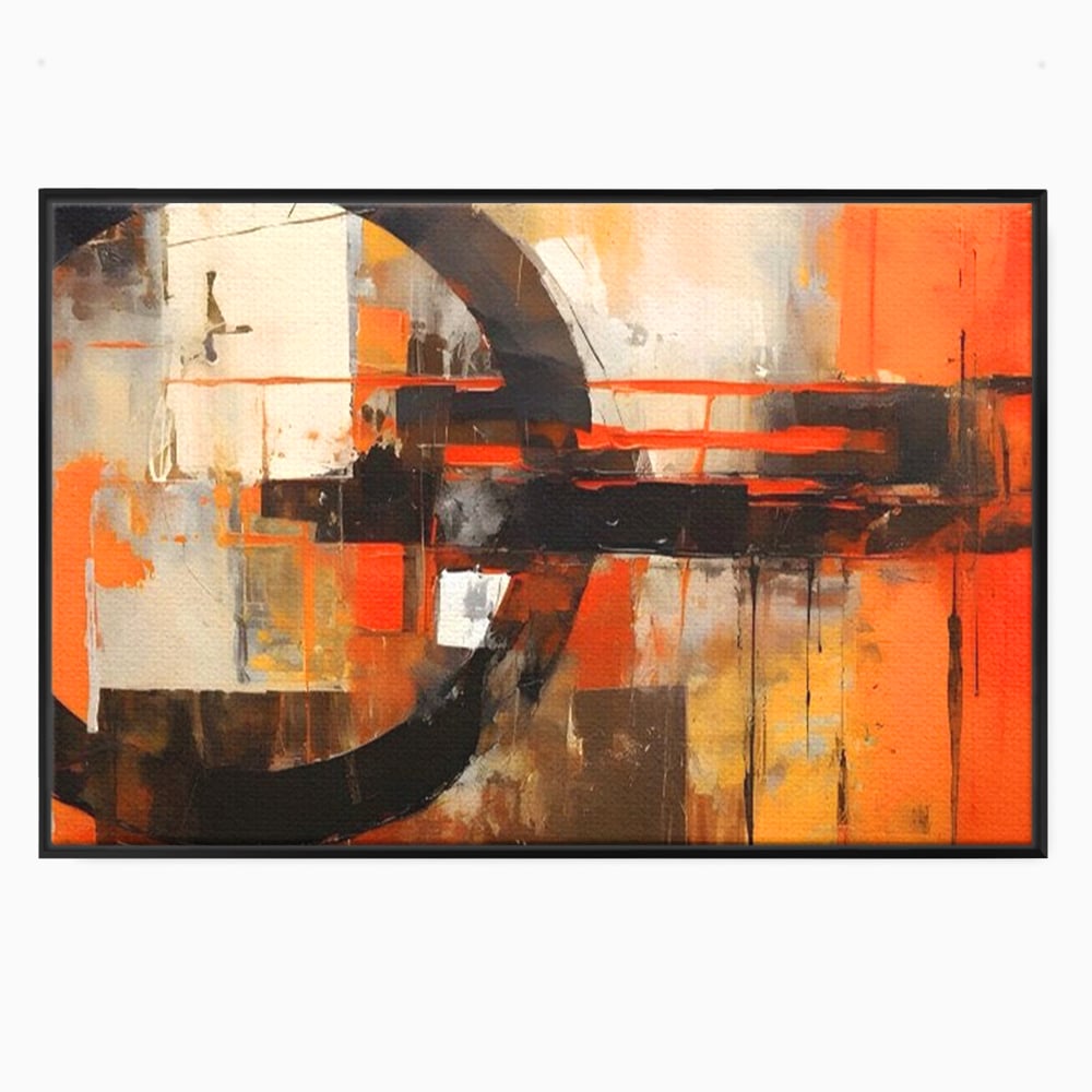 Tablou canvas cu pictura abstracta cu cercuri negre, in rama de aluminiu negru