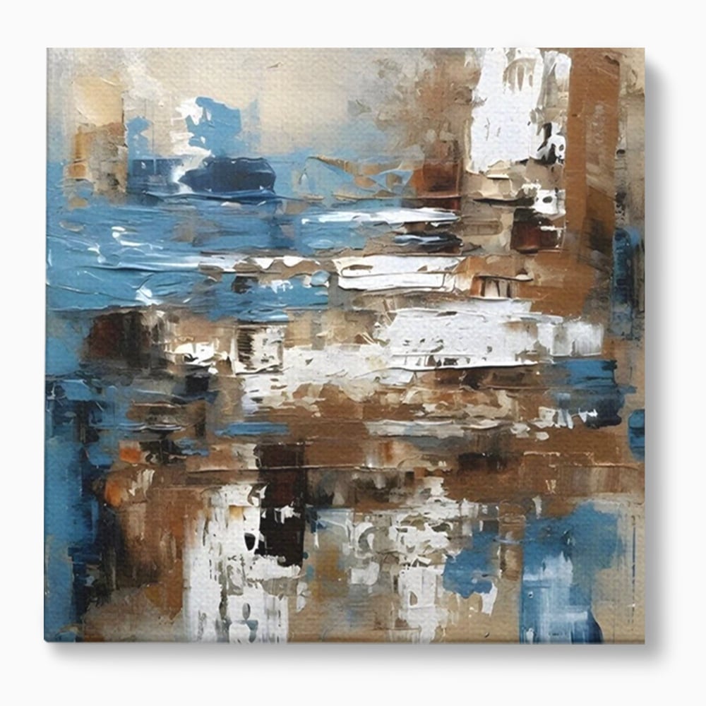 Tablou canvas cu pictura abstracta cu texturi de albastru si maro, fara rama, pe sasiu de lemn