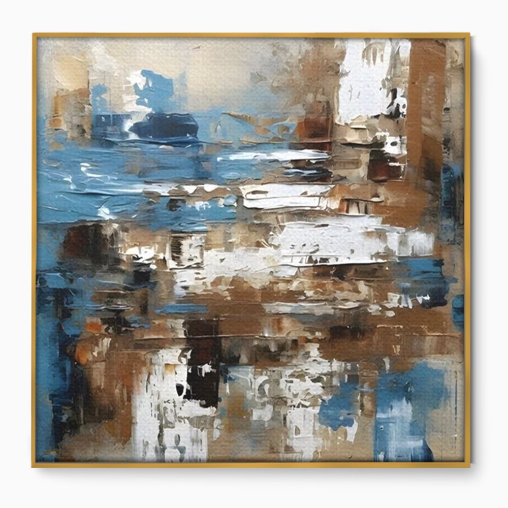 Tablou canvas cu pictura abstracta cu texturi de albastru si maro, in rama de aluminiu auriu