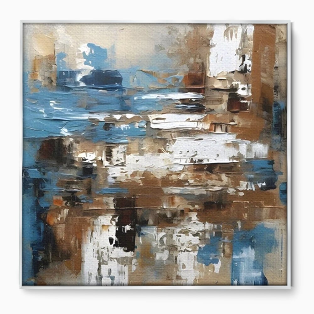 Tablou canvas cu pictura abstracta cu texturi de albastru si maro, in rama de aluminiu argintiu