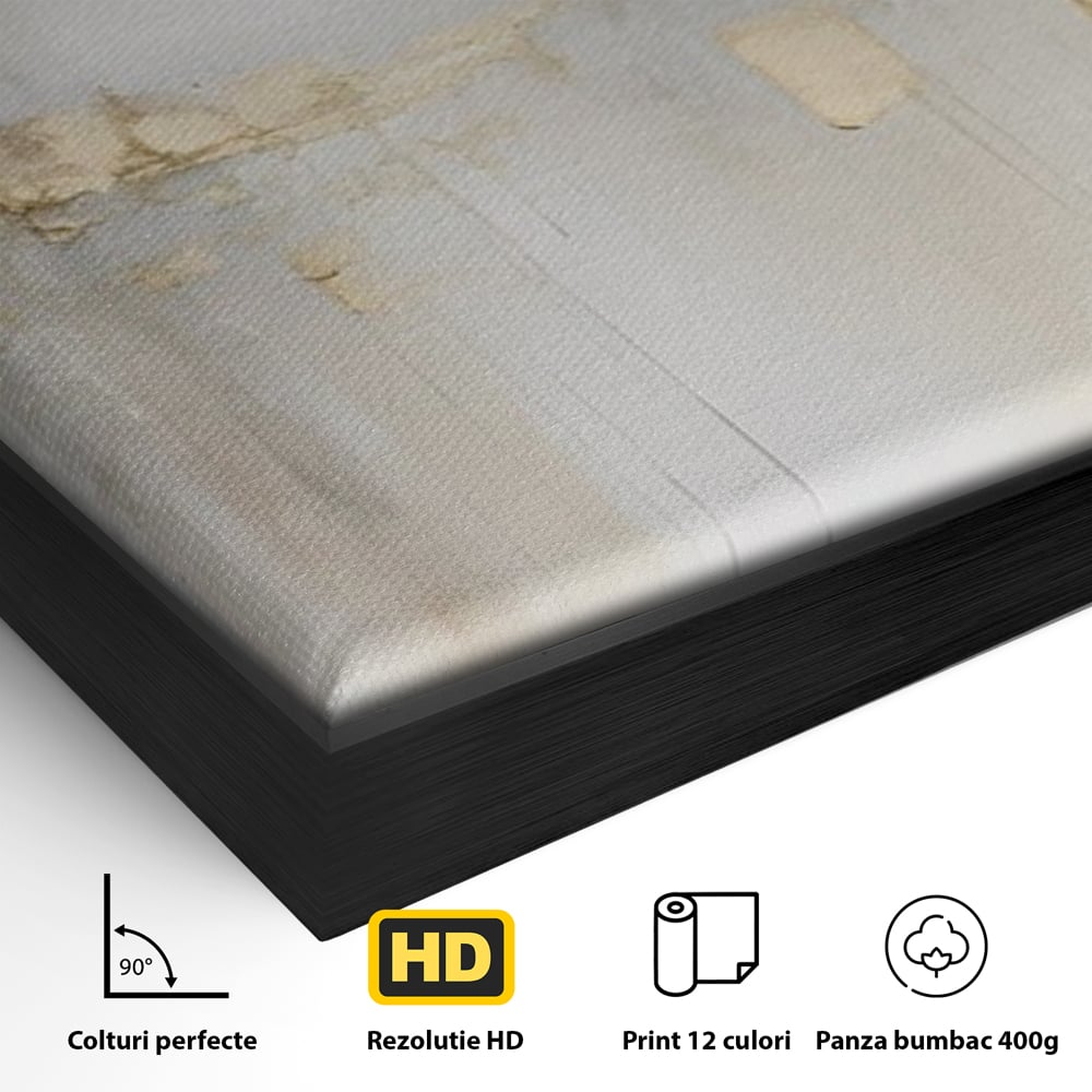 Detaliu al suprafetei: pictura abstracta cu pete aurii si gri, in rama de aluminiu negru